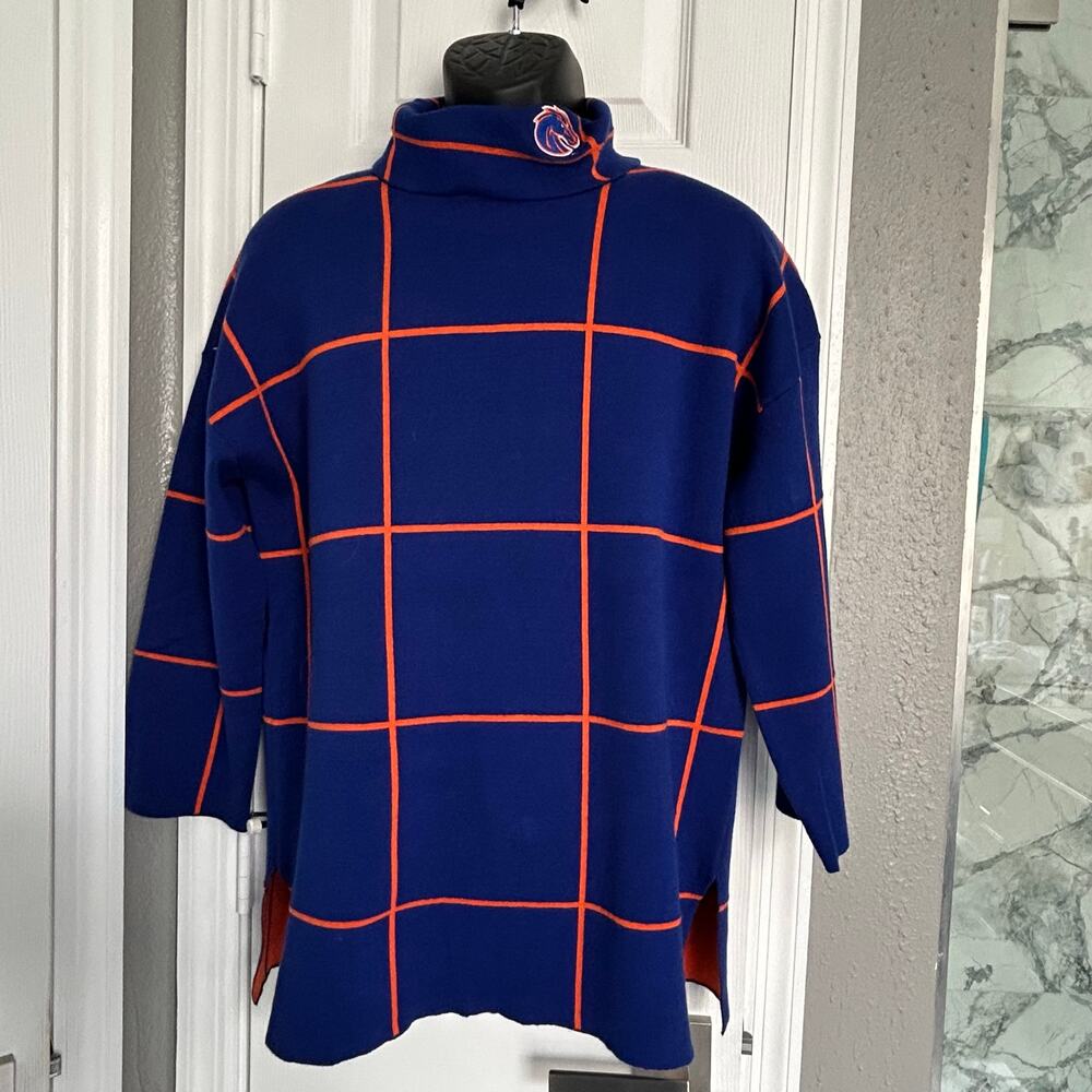 Boise State Broncos Blue Orange Grid Knit Sweater Mock Neck Oversized